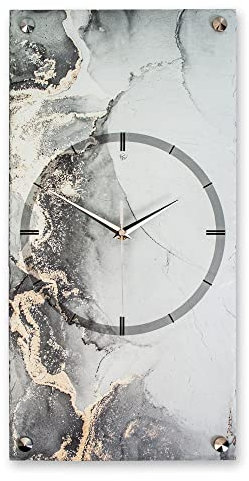 Kreative Feder Designer-Wanduhr Grey & Gold Marble aus Stein mit Zeigern aus gebürstetem Aluminium - Designeruhr aus Stein mit flüsterleisem Uhrwerk (Grey & Gold Marble, leises Funkuhrwerk)