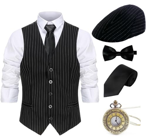 Gionforsy 20er Jahre Herren Weste Kostüm Zubehör Set mit Hut Weste Fliege Krawatte Taschenuhr Gangster Accessoires Set für Great Gatsby Mottoparty Halloween Karneval Fasching (Streifen Schwarz, S)