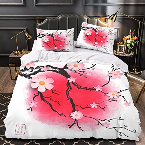 Woowin Housse De Couette 240x260 Adultes 3D Cerisier Rouge Parure de Lit 2 Personnes Style Japonais Douce Microfibre Housse De Couette 3 pièces avec Fermeture Éclair+2 Taies d'oreiller 50x75cm
