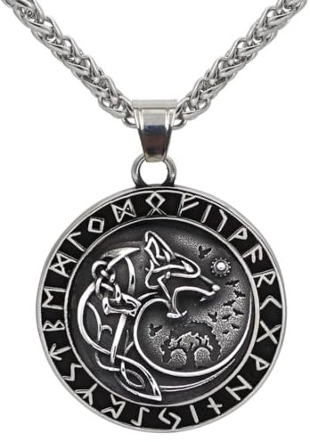 ZFSBRTL Wikinger Odin Wolf Fenrir Anhänger Halskette, Herren Gold&Silber Edelstahl Nordischen Mythologie Amulett Vegvisir Rune Keltischer Schmuck Geschenk 60cm Kette,Silber