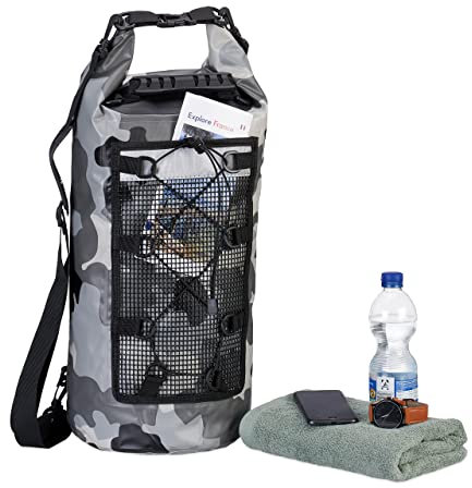 Relaxdays Dry Bag, 25 Liter, wasserdichter Rucksack, Wassersport & Trekking, Schultergurt, Ocean Bag, grau/schwarz