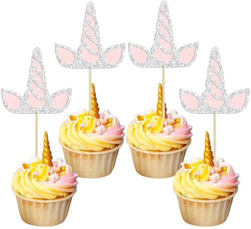 Gyufise 24 Stück Einhorn-Cupcake-Topper Glitzer Doppelschichten Einhorn Horn Cupcake Picks Hochzeit Verlobung Brautdusche Kuchen Dekorationen für Babyparty Geburtstag Thema Party Supplies Rosa Silber