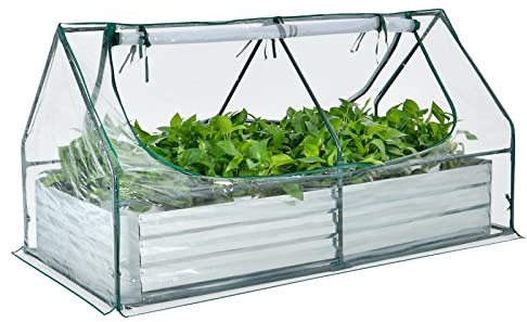 COSTWAY Mini Serre de Jardin et Lit de Jardin Surélevé 180Lx90lx91H CM Housse Transparente 2 Fenêtres Enroulables avec Zip à 2 Niveaux, Kit de Jardinière Extérieure Ventilation