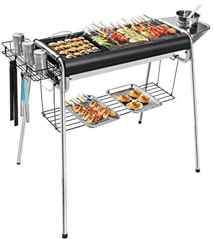 DXDRT Großer Holzkohlegrill mit Antihaft-Pfanne & Aufbewahrungskorb, Tragbar Campinggrill Höhenverstellbar für Outdoor BBQ, Picknick, Garten, Camping und Party, Komplettes Zubehör