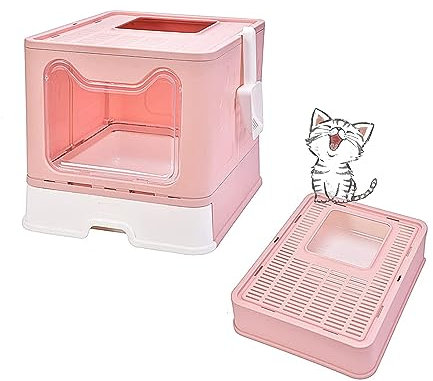 MINGYI Bac à Litière pour Chat Fermée, Grande Maison de Toilette Chat Pliable avec Couvercle, Tiroir à Litière avec Pelle, WC pour Chats, Jusqu'à 7 kg (Rose XL 51×41×38 cm)