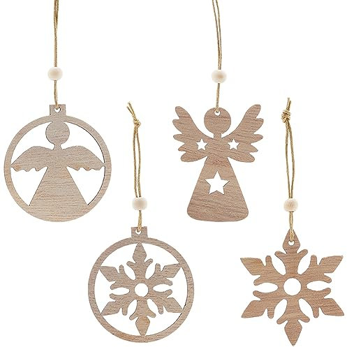 GORGECRAFT 24 Stück Holz-Christbaumschmuck Schneeflocke Und Engel-Anhänger Aus Holz Zum Aufhängen Basteldekorationen 3D-Rustikale Bauernhaus-Ornamente Urlaubsdekoration Für Das Winterwunderland