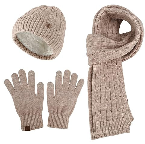 WingFly Damen Winter Warm Mütze Touchscreen Handschuhe und Lang Schal Set mit Dick Fleece Gefütterte, Winterhandschuhe Weihnachten Geschenk für Frauen (Khaki)