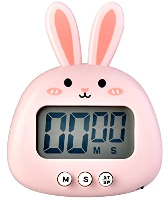 Joli minuteur de cuisine en forme de lapin - Grand écran - Numérique - Chronomètre magnétique - Avec horloge, compte à rebours - Mini minuteur de cuisson (sans batterie) - Rose