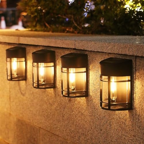 nipify 4 Pack Solar Fence Lights, Waterproof Solar Wall Lights Outdoor Warm White, Auto On/Off Retro Solar Powered Lighting for Garden Yard Gate Door Patio