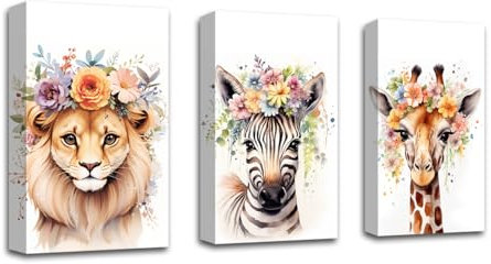 CXHOSTENT Baby Dschungeltiere Kinderzimmer Wanddekoration 3-teilig Löwe Giraffe Zebra Leinwand Wandbilder Aquarell Tier Kunstdrucke Wanddekoration (A, 50.00 x 70.00 cms x 3PCS)
