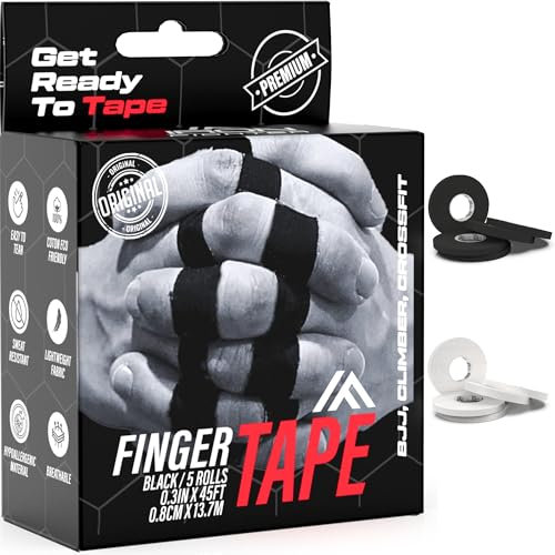 IRON FIGHTER 5X Rolle Sporttape 0,8cm x 13,7m Schwarz - Fingertape, Fingerbandage Sport, Tape Sport, Schutz Fingerband Arthritis Bjj Jiu Jitsu, Crossfit, Klettern, Volleyball, MMA, Judo, Fitnessstudio