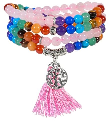 Nupuyai 108 Mala Prayer Beads Bracelet Women Men, Rose Quartz Crystal Stone Beads Wrap Bracelet with Tree of Life Tassel Charm Meditation 7 Chakra Stone Bracelet Necklace