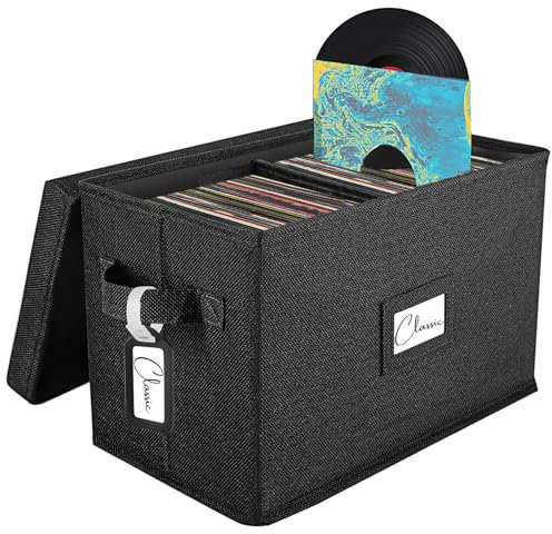 Boîte de Rangement pour Vinyles 7/45 RPM, Étui avec Couvercle pour Jusqu'à 80 Albums, Caisse pour CD et Collection Musicale, Organisateur Pliable de Type Dossier avec Poignée (noir, 1 pièce)