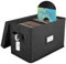 Vinyl Record Storage Box for 7/45 RPM LPs, Black Case with Lid Holds up to 80 Albums, CD Crate Play Music Collection Holder, Collapsible File Folder Cabinet Organizer with Handle