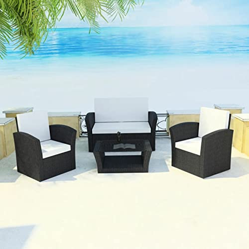 Festnight Polyrattan Lounge Set für 3-4 Personen Gartenmöbel Set Rattan Essgruppe mit Outdoor Sofa, Sessel und Tisch Polyrattan Garten Sitzgruppe Balkon Lounge Balkonmöbel Set Schwarz
