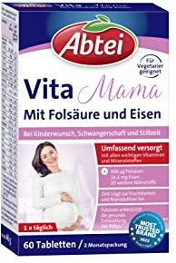 Abtei Vita Mama - Nahrungsergänzungsmittel bei Kinderwunsch, Schwangerschaft und Stillzeit - mit allen wichtigen Vitaminen und Mineralstoffen - vegetarisch – 1 x 60 Tabletten