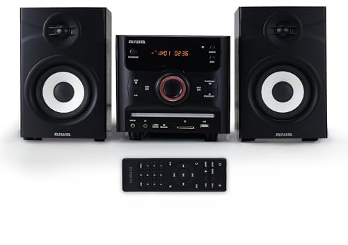Aiwa 60W Bluetooth Micro System with Bookshelf Speakers and CD Player, FM Radio, USB Playback, AUX Input, LED Display, Hi-Fi Sound, Compatible with Apple, Android, Tablets, and Laptops