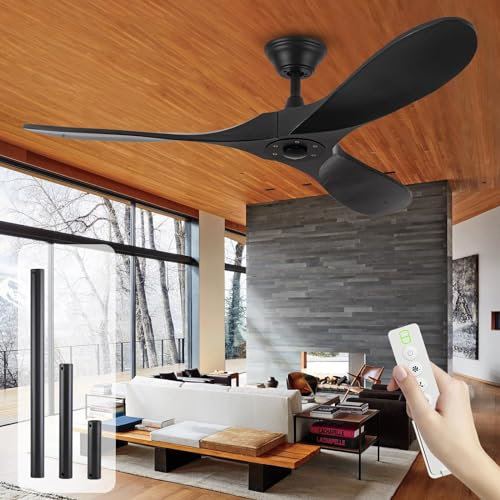 XSGDMN 60'' Outdoor Ceiling Fan for Patios, Modern Black Ceiling Fan No Light, Retro Wood Ceiling Fan with Remote, Inverter Silent DC Motor for Exterior House Porch Gazebo (60'' Black Ceiling Fan)