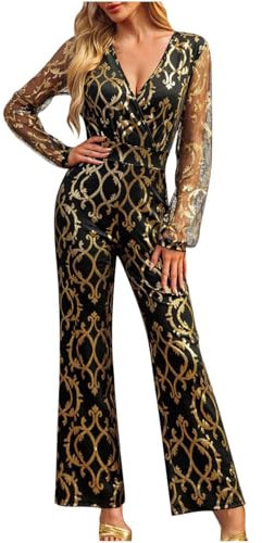 Mart Women's Sexy Sparkly Jumpsuits Dressy Slim Fit Jumpsuit Ladies Charlie Plunging Jumpsuit Silver Hot Metallic Playsuit Hollow Lace Long Sleeve Evening Dress Party Prom Festival Outfit Gold Sale