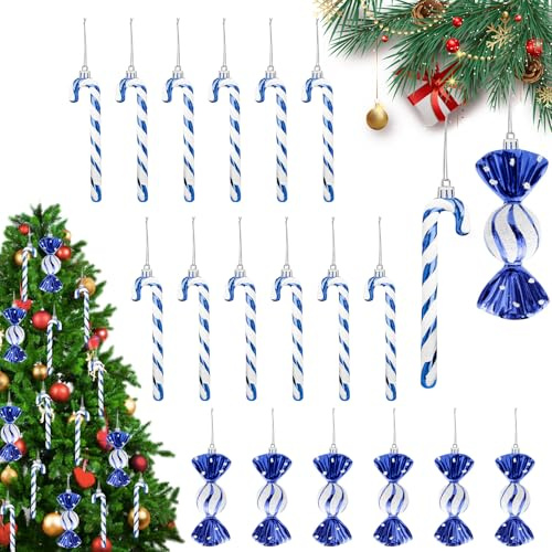 Seasboes 18 Stück Zuckerstangen Weihnachten Deko, Weihnachten Zuckerstange Ornamente, Weihnachtsbaum Hängende Anhänger Zuckerstangen, Weihnachtsanhänger Weihnachtsbaum Deko (Blau)