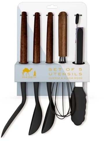 Silk Route Home Acacia Wood & Black Silicone Set of 5 Kitchen Utensils