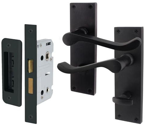 EAI Black Victorian Scroll Bathroom Door Handle Set | 1 Pair of Matt Black Internal Lever Handles on Backplate with Lock (64mm)