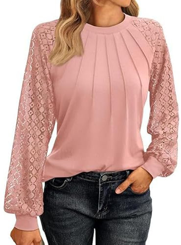 Générique Black Friday 2024 Chicrise Tshirt Manche Longue Femme Chic et élégant Col Rond Longue À Manches Dentelle avec Plis sur La Poitrine 2024 Cadeau Femme Rose M