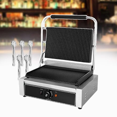 forplubossmmp Prensa para Sándwich De Acero Inoxidable, 50-300 °C, Tostadora Eléctrica para Sándwiches Y Wafleras, Plancha Eléctrica De Un Solo Cabezal con 5 Pinzas para Barbacoa,2200W