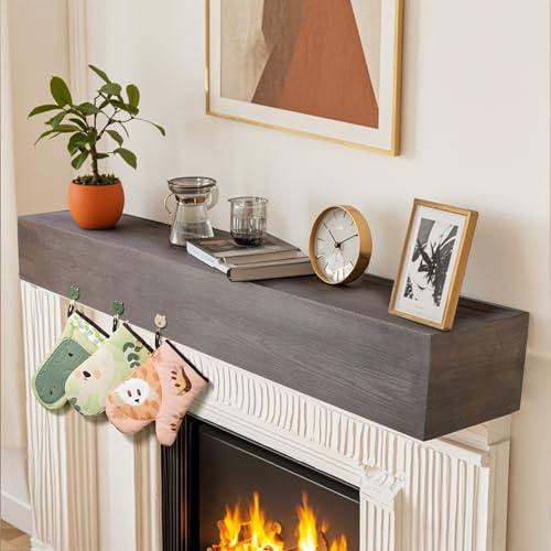 jubilander Wood Rustic Fireplace Mantel Shelf, Handcrafted Wooden Mantel for Fireplace, Farmhouse Wall Mounted Displaying Shelf (Gray, 48 inch)