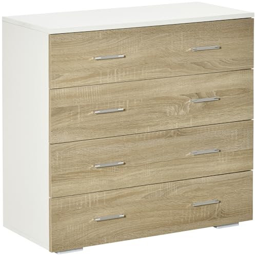 HOMCOM Cassettiera Camera da Letto, Comò Camera da Letto con 4 Cassetti con Maniglie in Alluminio e Struttura in Legno, per Soggiorno e Sala da Pranzo, 76x35x72cm, Bianco e Rovere