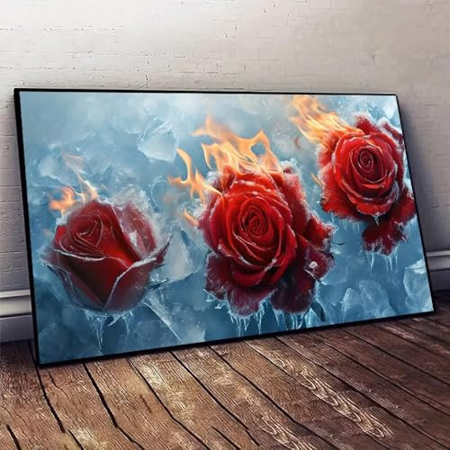 Feuer und Eis Rose Malen nach Zahlen, DIY malen nach zahlen erwachsene, Knitterfreie Leinwand, Digitales Ölgemälde-Set auf Leinwand mit Pinseln und Acrylpigment, Artwork Heimdekoration 30x60cm X-10