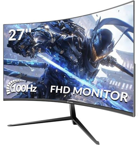 CRUA Curved Gaming Monitor 27 Zoll 100Hz, Full HD 1920 * 1080P 1800R, Rahmenloser PC-Monitor, 1ms GTG, FreeSync, Low Motion Blur, Augenpflege, VESA, DisplayPort, HDMI