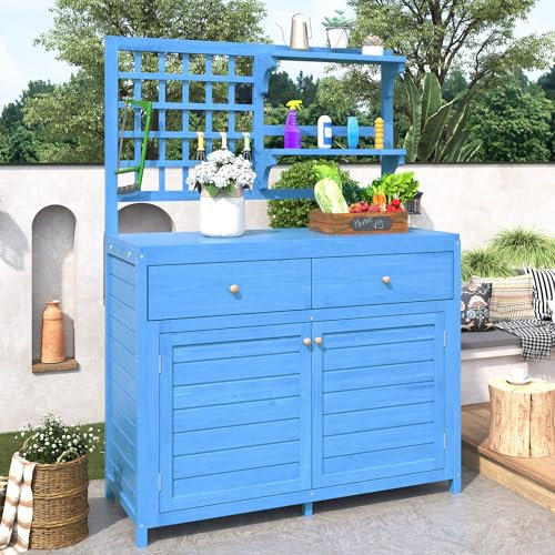 DRIXNO Holz Gartenschrank mit Regalen Outdoor Schrank, Gartenschrank Geräteschuppen Terrassenschrank, Balkonschrank, Gerätehaus, Garten Möbel, Blau
