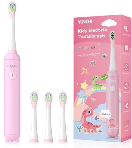 YUNCHI Kids Electric Toothbrush, Rechargeable Kids Toothbrushes with Timer, lPX7 Waterproof Toddler Toothbrush Funny DIY Stickers with 4 Brush Head (Pink)