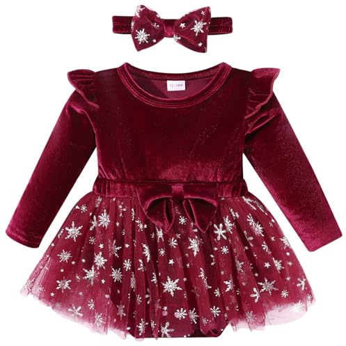 ChYoung Baby Girl Dress Outfit Cake Smash Outfit Velvet Long Sleeve Tulle Romper Princess Dress with Bowknot Headband Fall Winter Clothes