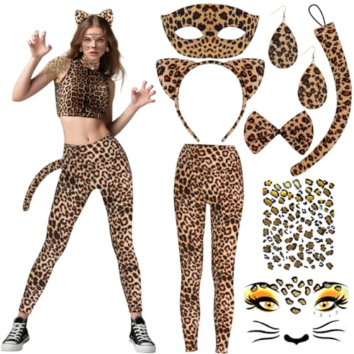 Leoparden Leggings Damen High Waist mit Ohren Haarreif Accessorie Leoparden leopard Kostüm Damen Strumpfhose Fasching Kostüm Leopard Panther Gepard Tiger Leopardenkostüm für Frauen Karneval Sport Yoga