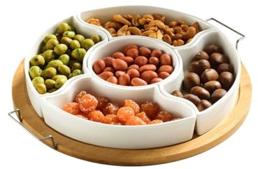 Generisch Drehbares Dip-Set Mit 5 Schalen - Keramik Servierplatte Mit Wood Drehplatte Für Snacks, O-bst & Vorspeisen - Praktische Lazy-susan Für Partys, Buffets Und Gesellige Abende