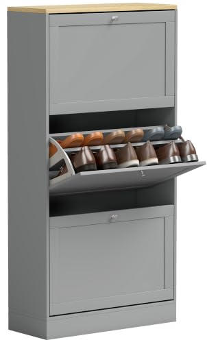 HOMCOM Schuhschrank mit 3 Klappschubl. schmalem Regal Grau | Freistehend, Schuhschrank, für Eingang, Flur