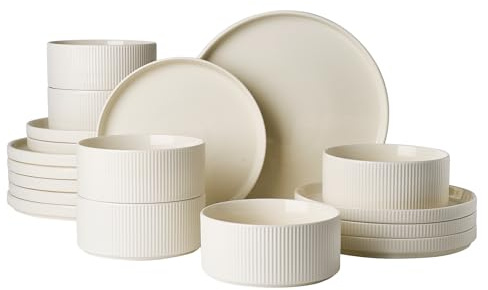 Richmount Star Dinner Sets for 6 People, 18-Piece Modern Porcelain Plates and Bowls Set with Rust-Red Trim, Chip Resistant Dinnerware, Microwave &Dishwasher Safe, Ceramic Dish Set Service for 6, Cream