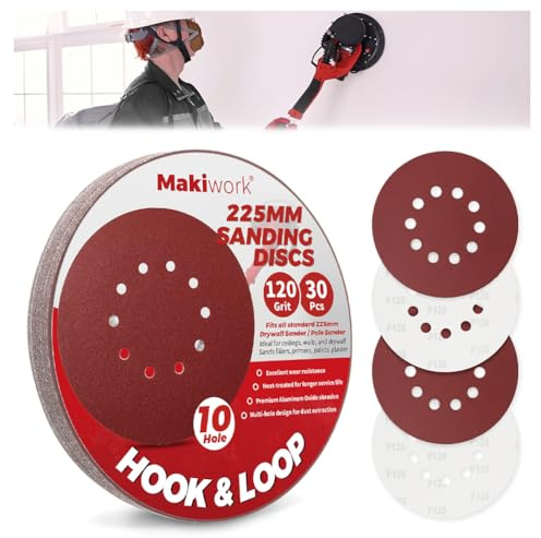 Makiwork 30 Stück 225mm 10-Loch 120 Korn Klett-Schleifscheiben – Grobkörniges Aluminiumoxid Schleifpapier für Trockenbauschleifer, Farbentfernung, Holz- & Metallbearbeitung