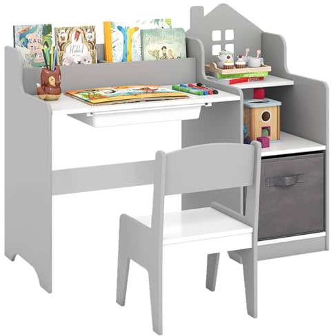 GYMAX Kids Desk and Chair Set, Children Writing Table with Drawer, Open Shelves and Storage Bin, Wooden Student Study Desk Set for Boys Girls, 94 x 40 x 76cm (Grey)
