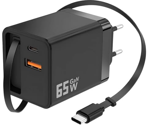 Chargeur USB C 65W Rapide avec Câble Rétractable, Adaptateur Secteur GaN 3 Ports PD pour iPhone 17/16/15 Pro Max, Samsung Galaxy S24/S23, MacBook, iPad, Prise Murale Compacte Voyage