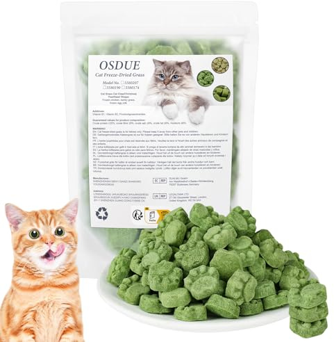 OSDUE Cat Grass Treats, 100g Freezed Dried Cat Grass Treats, Natural Healthy Snack, Natural Oral Cleaning for Increase Appetite, Hairball Removal, Grain Free