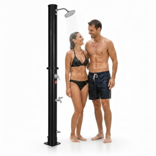 Mucola Solardusche Gartendusche mit Mischbatterie 35 Liter 218 cm Schwarz | Verchromter Regenduschkopf schwenkbar, mit Fußdusche und Bodenplatte, UV-beständig, erwärmt Wasser bis 60°C, Campingdusche