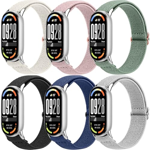 Amzpas 6 Stück Armband Kompatibel mit Xiaomi Smart Band 10 / Mi Band 9/8, Elastische Nylon Uhrenarmband, Langlebiges Sport Ersatzarmband
