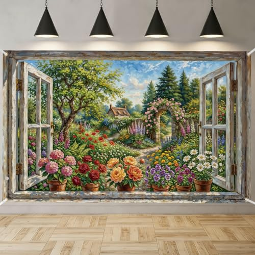 TNKBREEZE Spring Backdrop Garden Background Banner 180x110cm Polyester Window Photography Backdrop for Birthday Wedding Party Banner Decorations Photo Studio Portrait Photoshoot