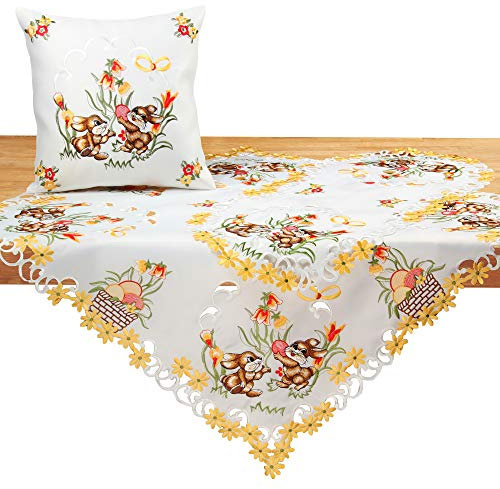 Quinnyshop Ostern Tischläufer/Tischdecke Weiß mit gelben Tulpen Stickerei - Größe wählbar (ca. 35 x 70 cm Oval)