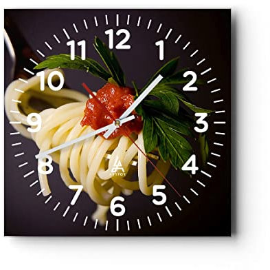 Modern Wanduhr Italien Pasta Spaghetti 40x40cm Quadrat Groß Wand Uhr Glas Analog Zimmeruhren Küche Büro Wohnzimmer Glasuhr Wall Clock Dekoration Design Wanddekoration Küchenuhr C4AC40x40-1307