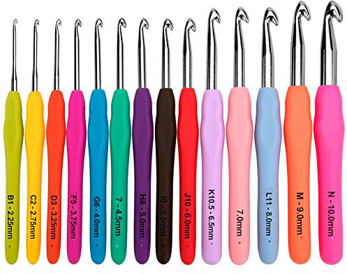 BCMRUN Crochet Hooks Set,14 Pcs 2.25mm(B)-10mm(N) Ergonomic Soft Grip Handles,Smooth Knitting Needles Kit with Bag for Arthritic Hands,Extra Long Knit Needles Weave Yarn Set,Best Gift for Women (B)
