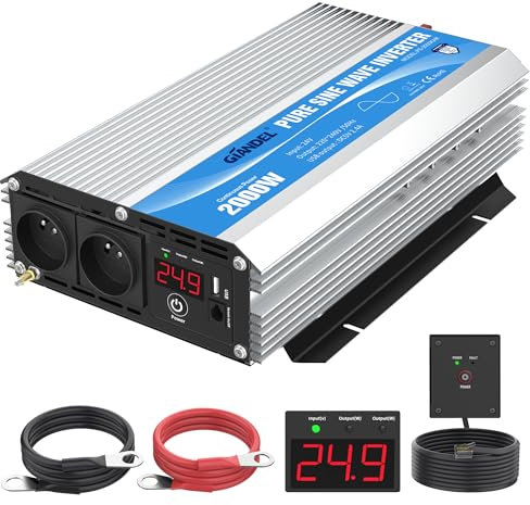 GIANDEL Convertisseur 24V 220V Pur Sinus 2000W Onduleur 24V Onde Sinusoïdale Pure Transformateur de Tension avec Deux Prises AC avec Port USB et Affichage LED Silver